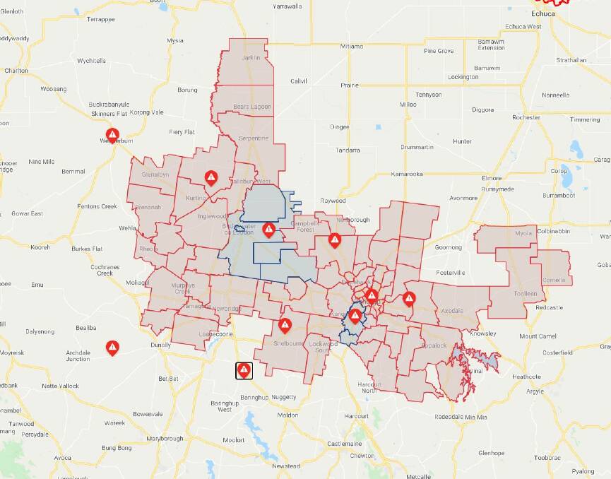 The power outages around Bendigo at 5pm on Tuesday. Picture: POWERCOR
