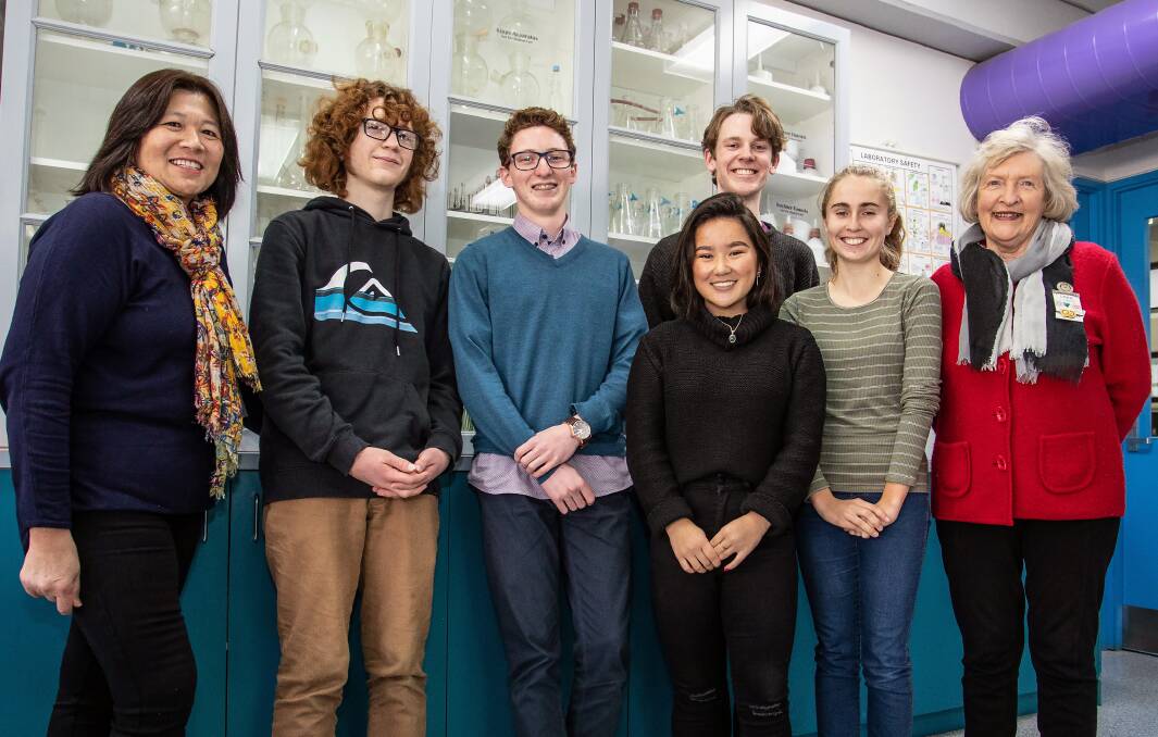 Bendigo Senior Secondary College students Corey Lionis, Philippa Bywaters, Haden Kneller, Lauren White, and Cameron Lee with teacher Jane Fong and Rotary's Lynne Cooper. Picture: PAUL GALASKA