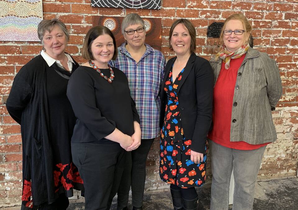 Dr Karen Le Rossignol, Lisa Chesters, Sandra Hosking, Karen Corr and Dr Susan McMinn at the Arnold Street Gallery where the Womnjeka exhibition is on. Picture: TARA COSOLETO
