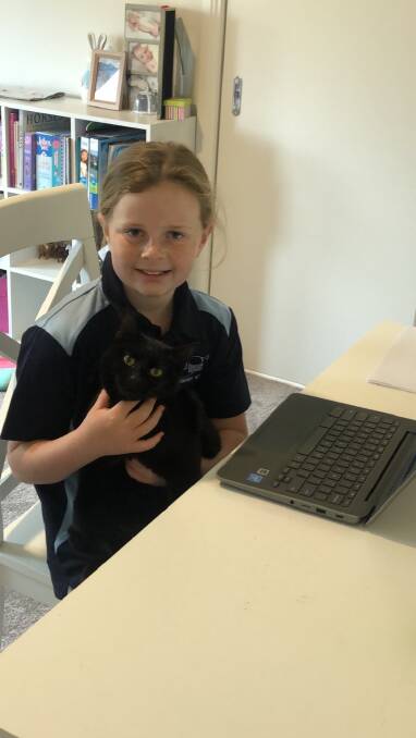 FURRY FRIENDS: Paige Kristiansen's cat Jester has joined in on the fun of classes. Picture: SUPPLIED