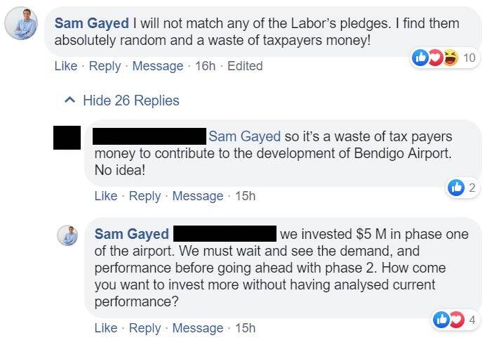 Liberal Party candidate Sam Gayed's comments on a Bendigo Advertiser Facebook post. 