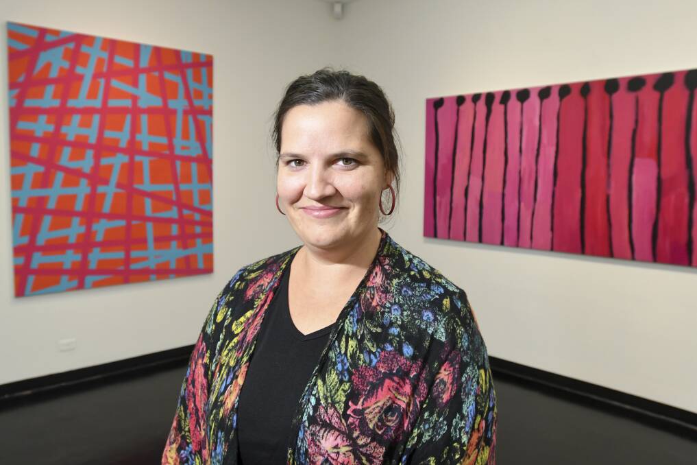 CHANGE: La Trobe Art Institute's Dr Karen Annett-Thomas with Wilma Tabacco's work, Out of Sight 3, and L. Uhl's piece, Kurrkapi. The works feature in the Algorithm Aesthetic exhibition. Picture: NONI HYETT