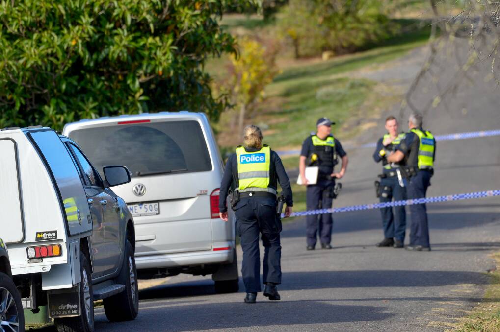 Police at the scene of the alleged murder in Castlemaine. Picture: BRENDAN MCCARTHY