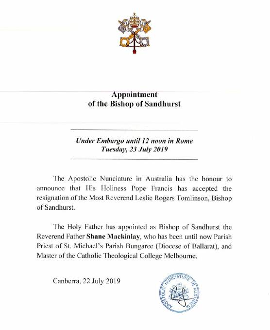 Pope Francis' statement on the appointment of the new Bishop of Sandhurst. Picture: SUPPLIED