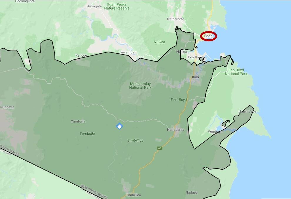 This image shows how close the border fire came to the town of Eden (circled in red). SOURCE: NSW RFS