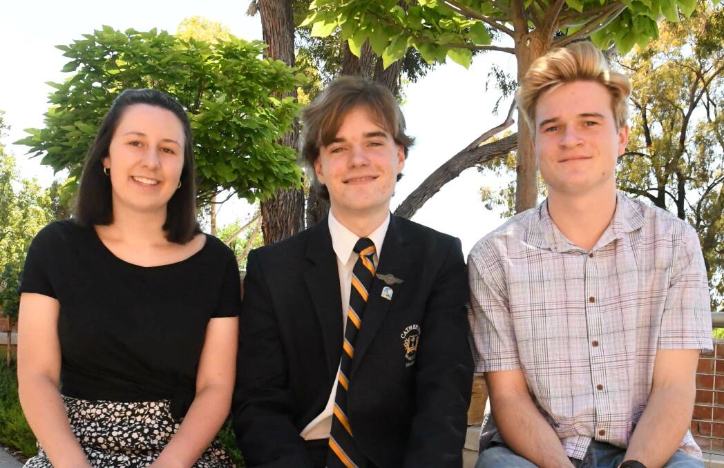 Catherine McAuley College high achievers Ruby Kane, Samuel Angove, and Blaze Houlden. Picture: TARA COSOLETO