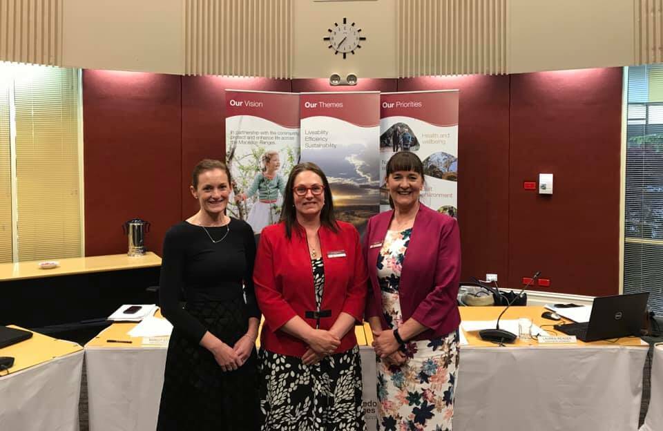 Macedon Ranges Shire Council Mayor Janet Pearce with Deputy Mayor Mandi Mees and chief executive officer Margot Stork. Picture: SUPPLIED