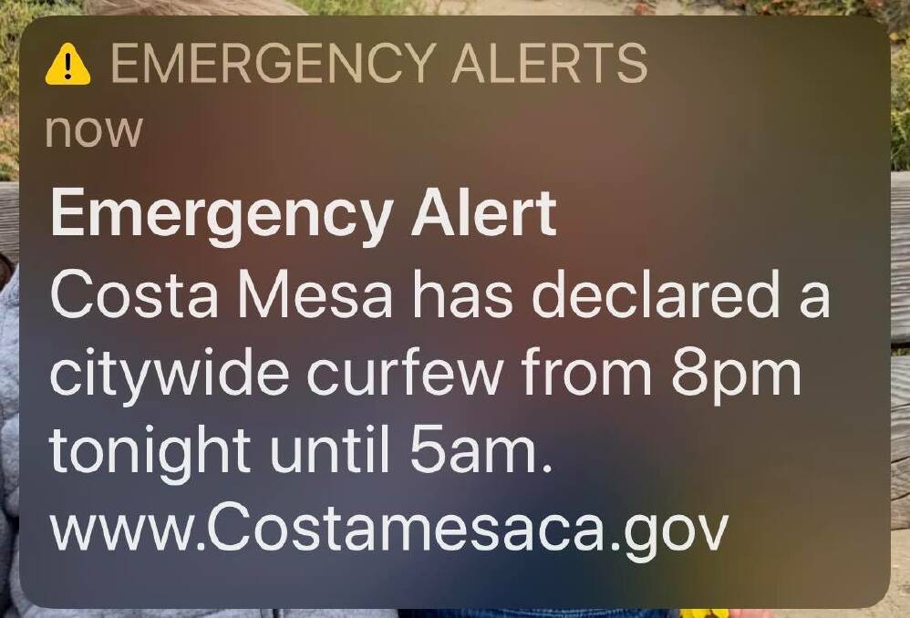 The message Gavin Wilkinson received about the curfew in Costa Mesa. Picture: SUPPLIED