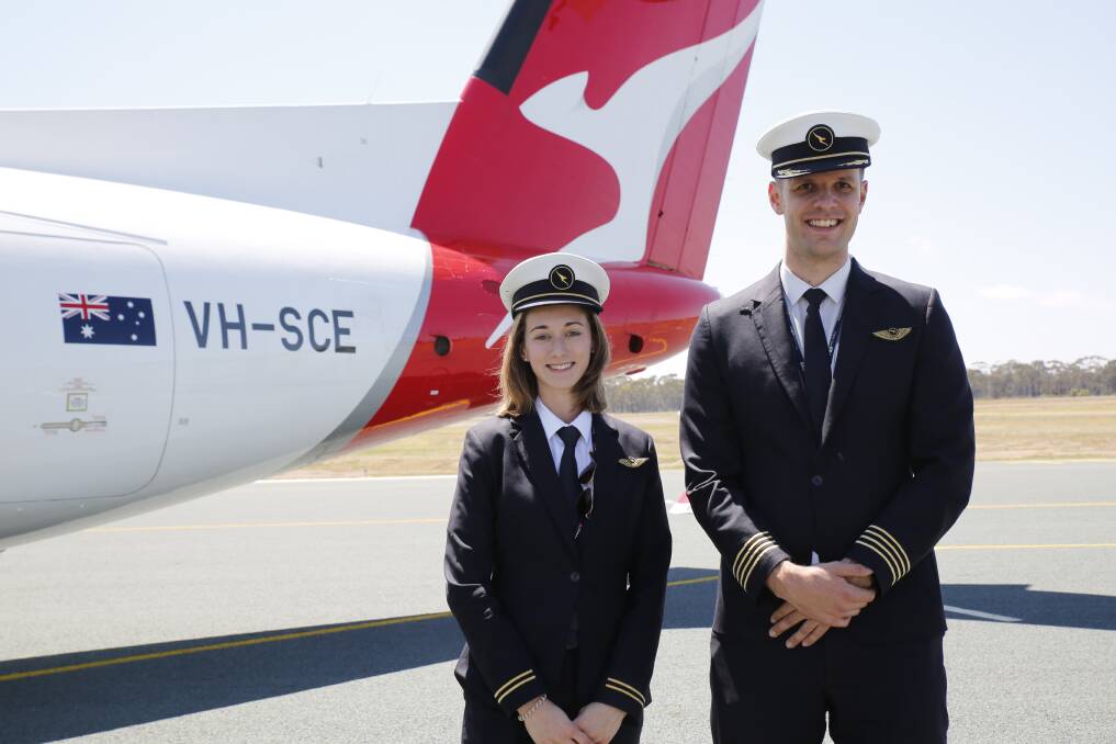INAUGURAL: Qantas First Officer Emily Bee and Captain Ryan Smith at the announcement of the flights. Picture: EMMA D'AGOSTINO