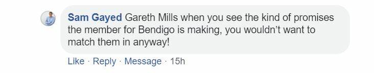 Liberal Party candidate Sam Gayed's comments on a Bendigo Advertiser Facebook post. 