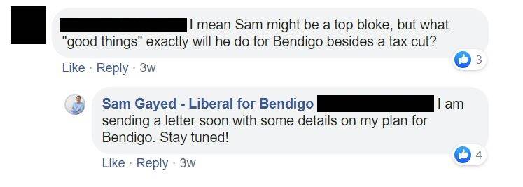 Liberal Party candidate Sam Gayed's comments on his Facebook page. 