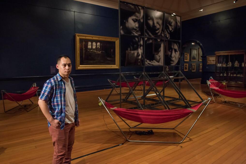 DISCUSS: Artist Phuong Ngo with his response to Herbert Schmalz’s Too Late 1886, Loss in the Aftermath, 2018. Part of the New Histories exhibit.