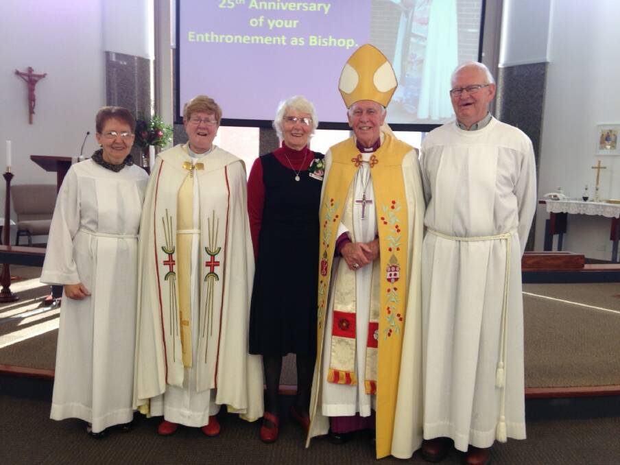 CELEBRATE: Bishop Ron and Libby Stone celebrating at St Mary's, Kangaroo Flat, his 25 years as a Bishop, with Rev Heather Vander Reest along with Colin and Janet Clark.