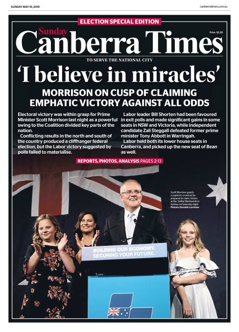POLITICAL COVERAGE: The Canberra Times reports Prime Minister Scott Morrison's May 18 re-election.