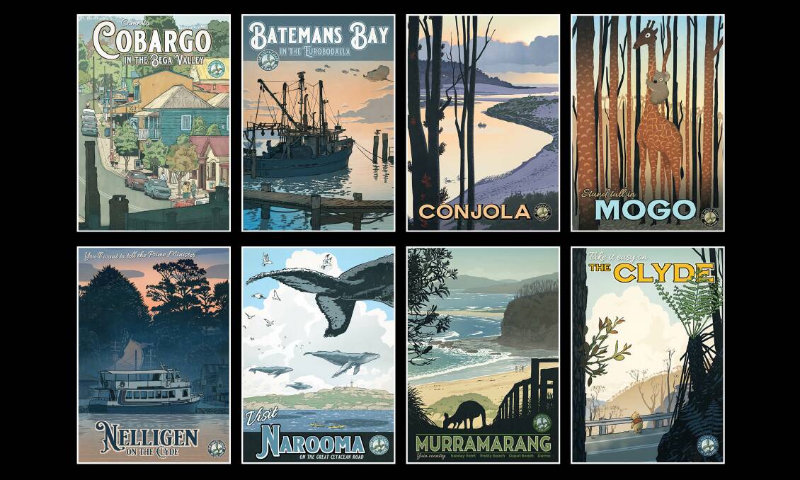 The sale of prints of David Pope's "South Coast is Calling" series of retro-styled tourism posters has helped raise money for bushfire recovery projects. 