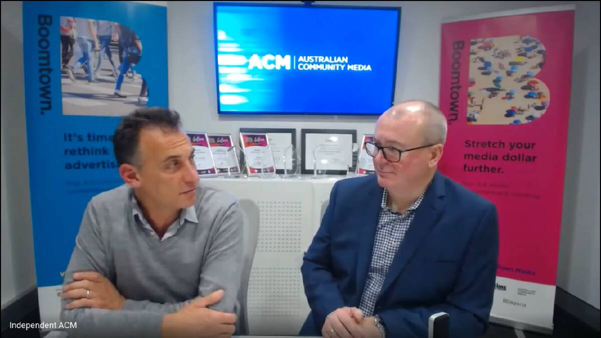 VISION: New co-owner of Australian Community Media Antony Catalano, left, talks to the company's staff via live stream this week with ACM managing director Allen Williams.