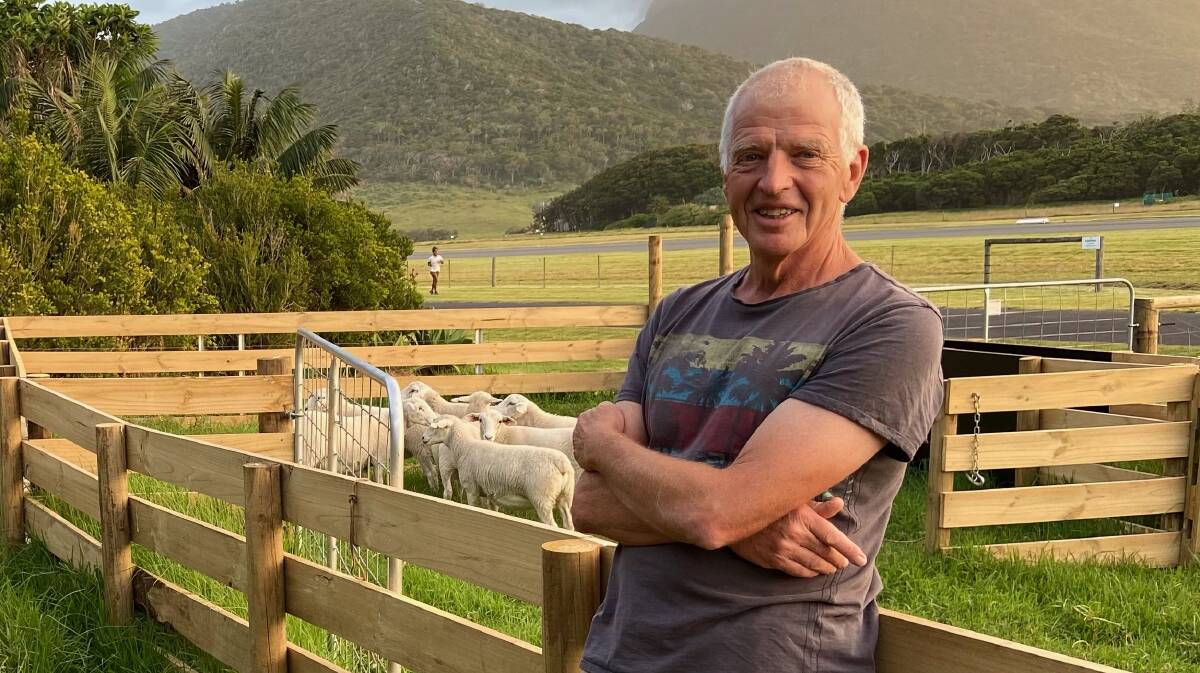 Peter Van Gelderen and the sheep at Lord Howe Island. Photo: Supplied 