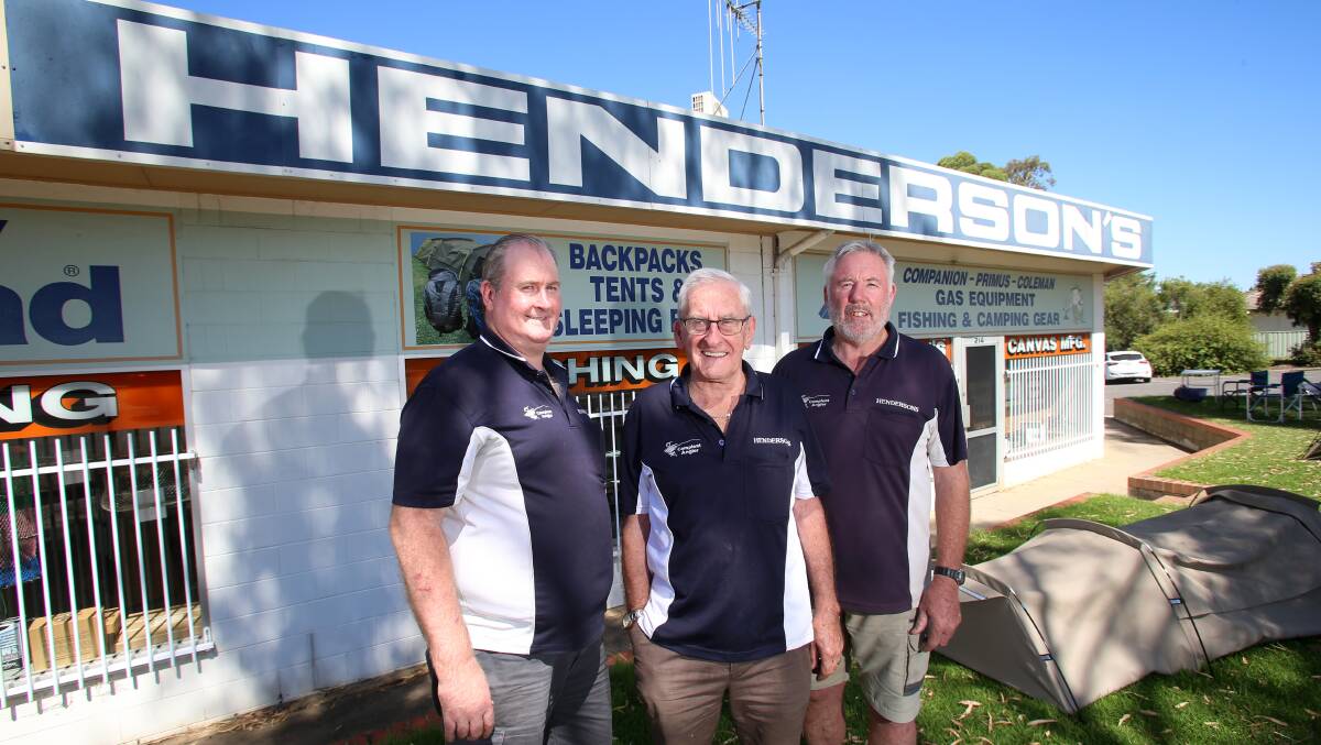 GOODBYE: Mark and Max Henderson with employee Tony Barnes will say farewell when Henderson's Canvas and Manufacturing closes in early March. Picture: GLENN DANIELS.