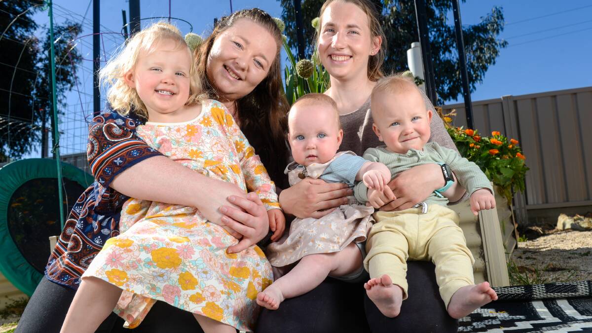 Hayley Trounson and Chelsea Harrington with children Harper, Imogen and Max. Picture: DARREN HOWE