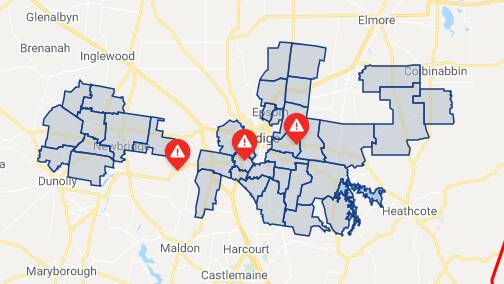 Outages at 1.45pm on Saturday. Map: Powercor