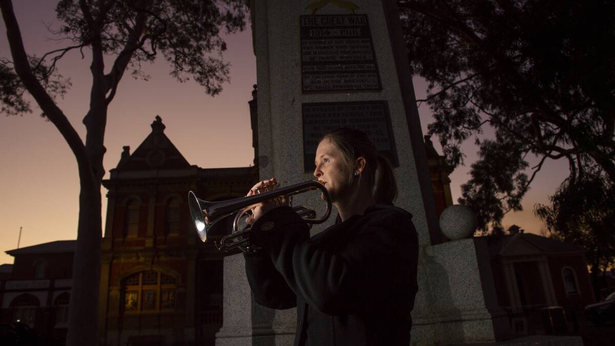 Hayley Weston sounded the Last Post at the Eaglehawk centotaph on Anzac morning. Picture: DARREN HOWE