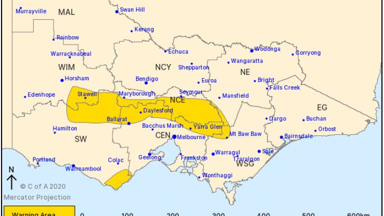 The severe weather warning area issued at 10.44am Tuesday. Map: Bureau of Meteorology