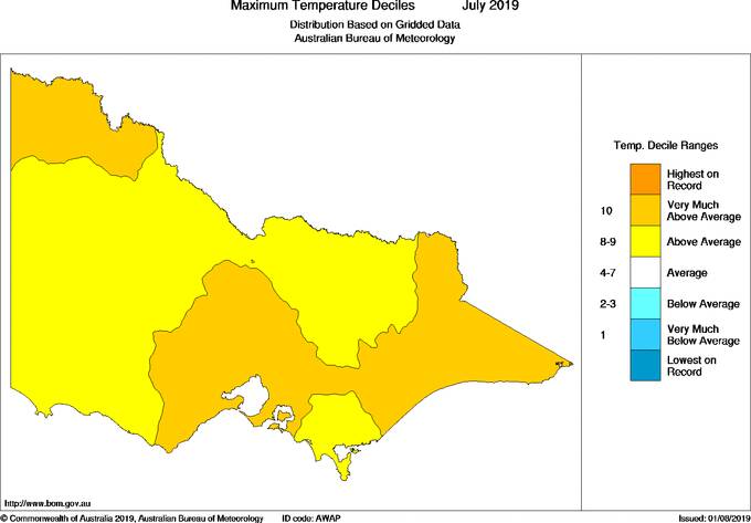 Victorian maximum temperatures during July compared to the average. Map: Bureau of Meteorology