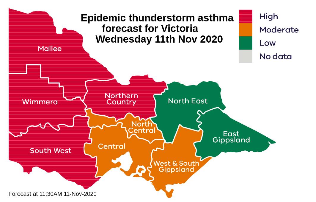 Wednesday's epidemic thunderstorm asthma forecast. Picture: Better Health Channel