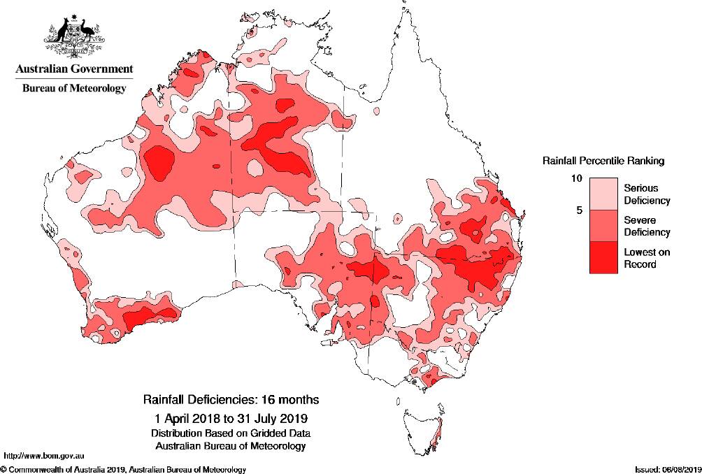 A map of Australian rainfall deficiencies over the past 16 months. Map: Bureau of Meteorology