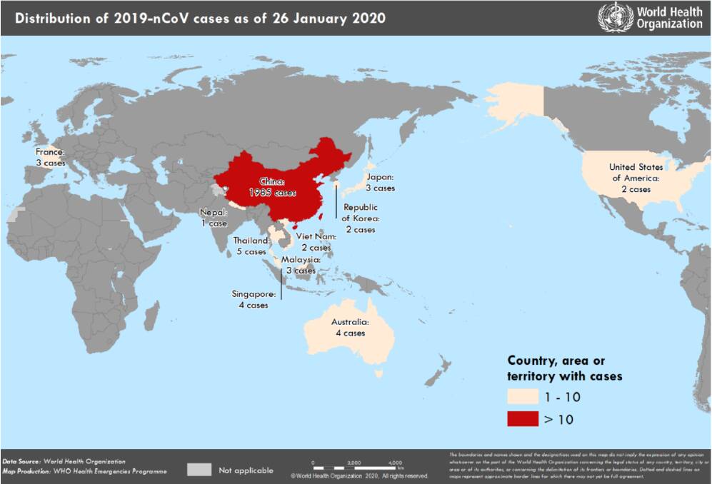 Coronavirus cases on January 26. Map: World Health Organisation