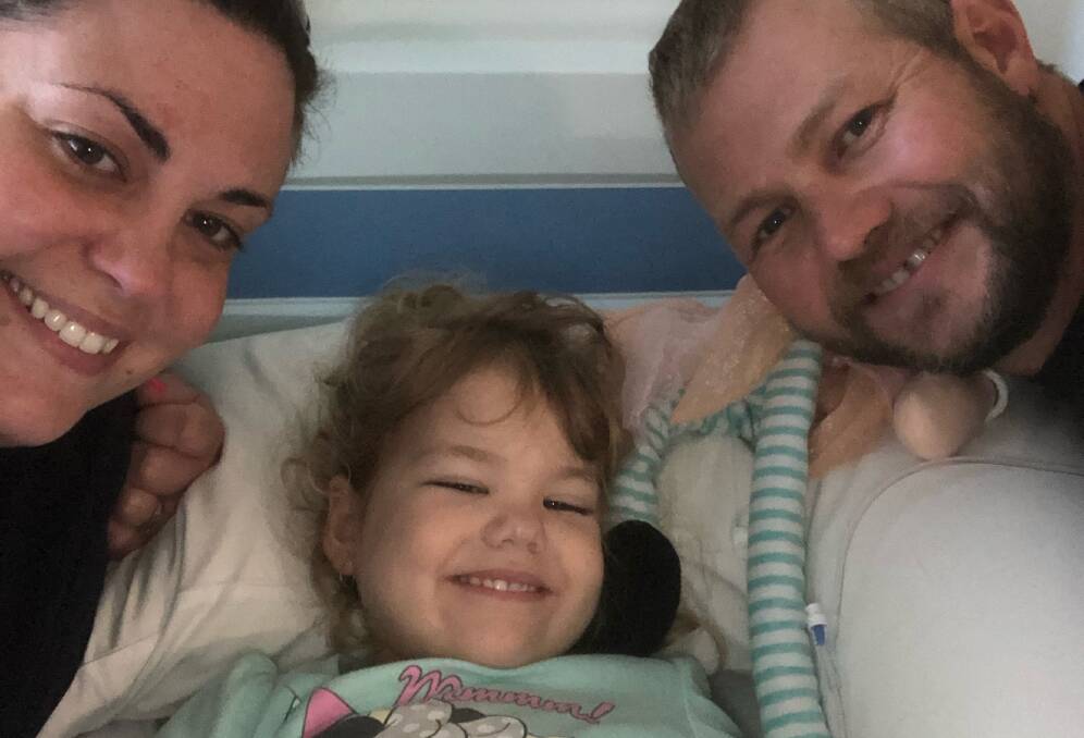 FIGHTING HARD: Three-year-old Ivy is in hospital with her parents Corey and Nicole Decker after a leukemia diagnosis in early January. Picture: supplied