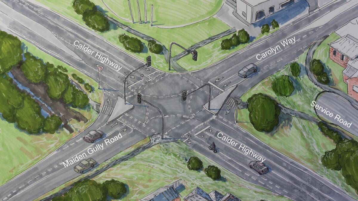 Concept plans for the intersection of the Calder Highway and Maiden Gully Road. Picture: Regional Roads Victoria