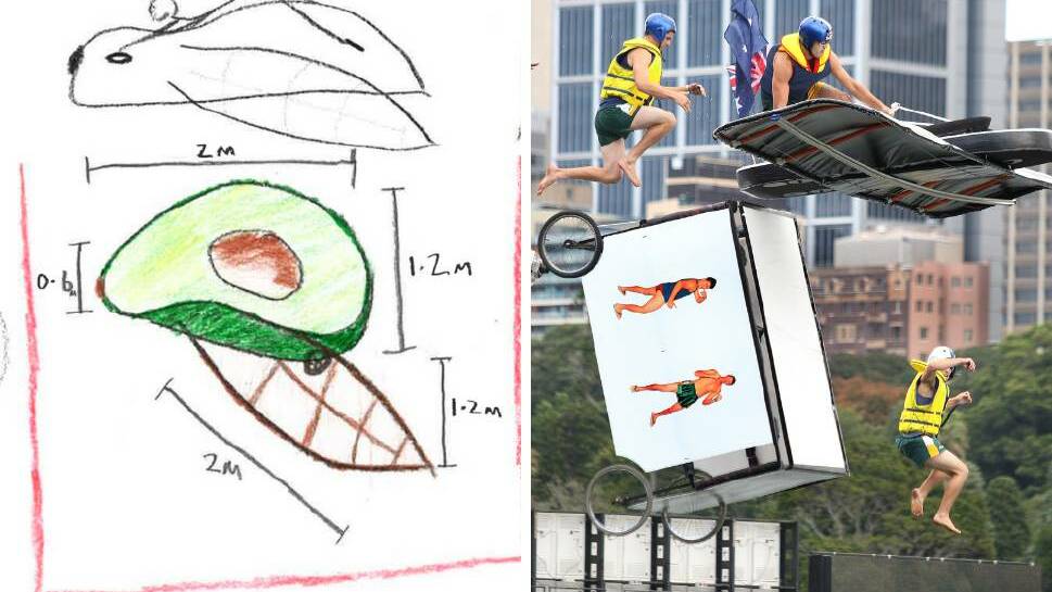  Left: early sketches of plans for the Splashed Avo. Right: An entry takes to the sky in 2008 in Sydney - picture by PHIL HEARNE
