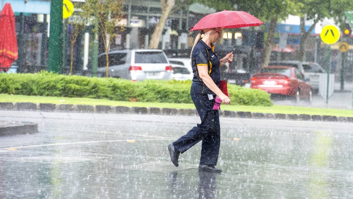 A pedestrian walks through a storm in Bendigo. Picture: DARREN HOWE