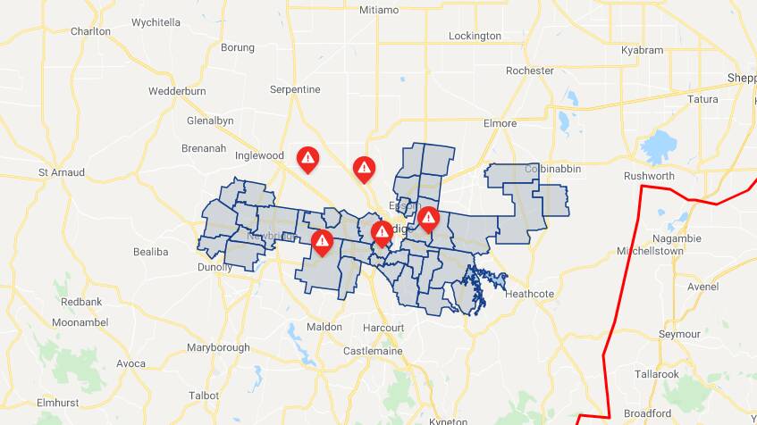 Power outages at 12.15pm Saturday. Map: Powercor.