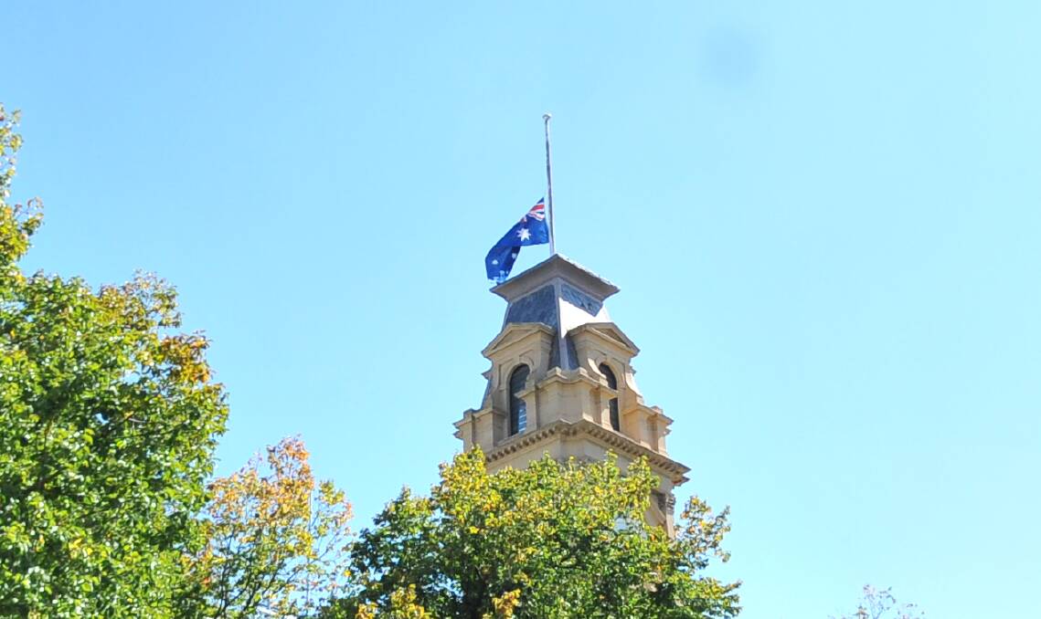 The flag of Bendigo's Town Hall at half mast out of respect. Picture: ELSPETH KERNEBONE.