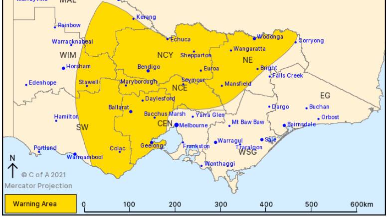 The warning area at 8.50am Friday. Map: Bureau of Meteorology