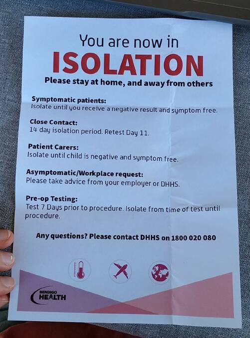 Isolation information given to Nadya Volkofsky, who was not told which category she fell in as a returning traveller. Picture: supplied