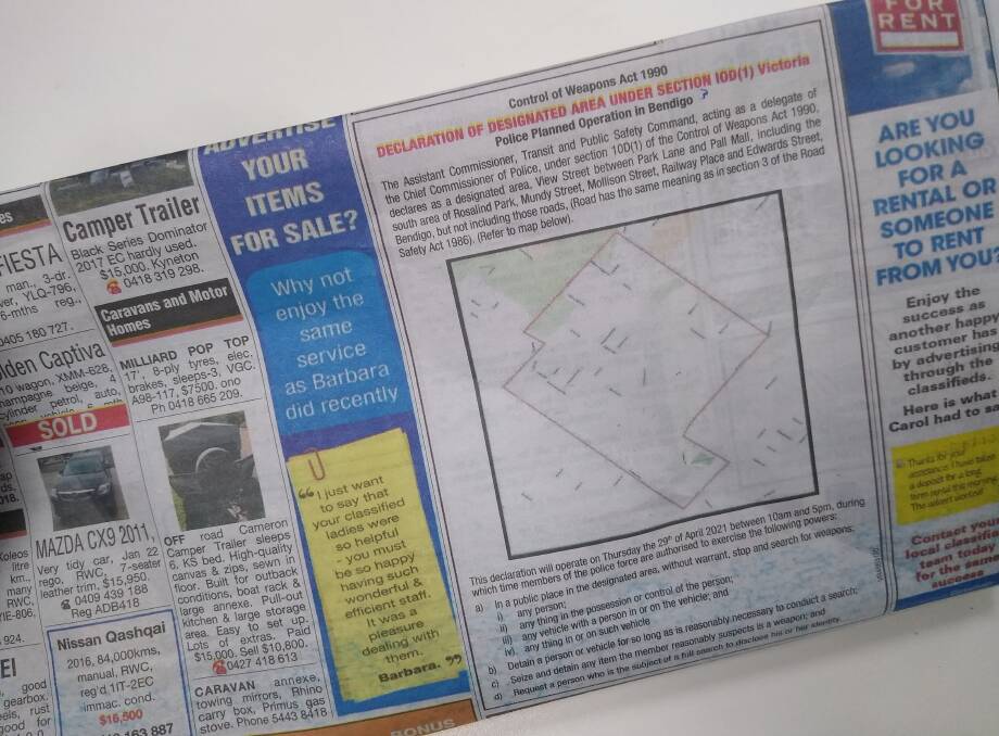 A declaration of a designated area in the Bendigo Advertiser classifieds section.