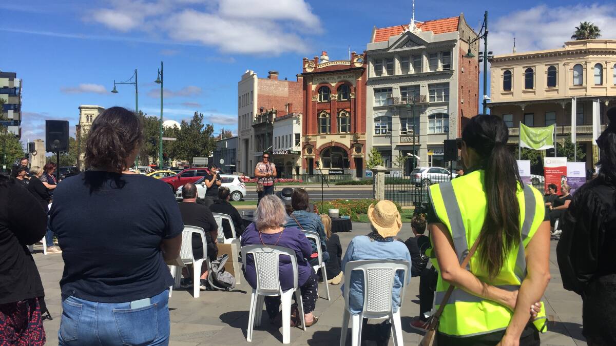 Dja Dja Wurrung woman Rebecca Phillips gives a welcome to country to the crowds at Bendigo's March 4 Justice. Picture: ELSPETH KERNEBONE