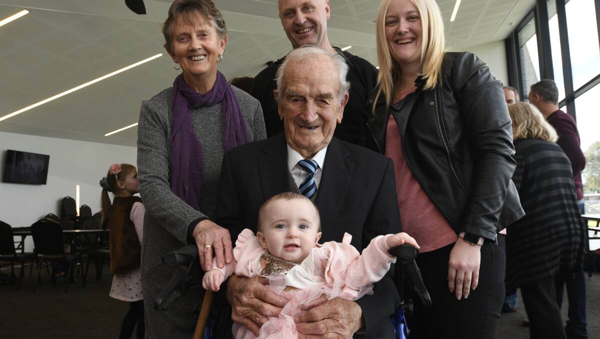 Harold Toma with his daughter Pauline, grandson Mark, great-granddaughter Brooke and great-great granddaughter Ivy at his 103rd birthday celebrations in 2019. Picture: NONI HYETT