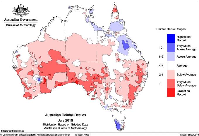 Australian rainfall during July. Map: Bureau of Meteorology.