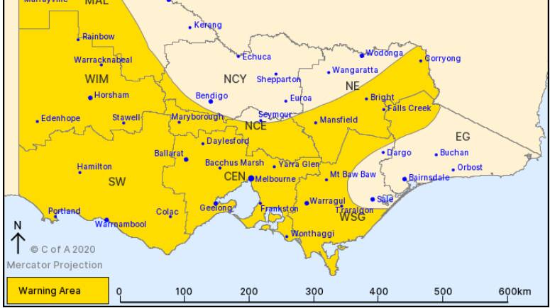 Damaging wind warning for Saturday, issued at 5.04am. Map: Bureau of Meteorology