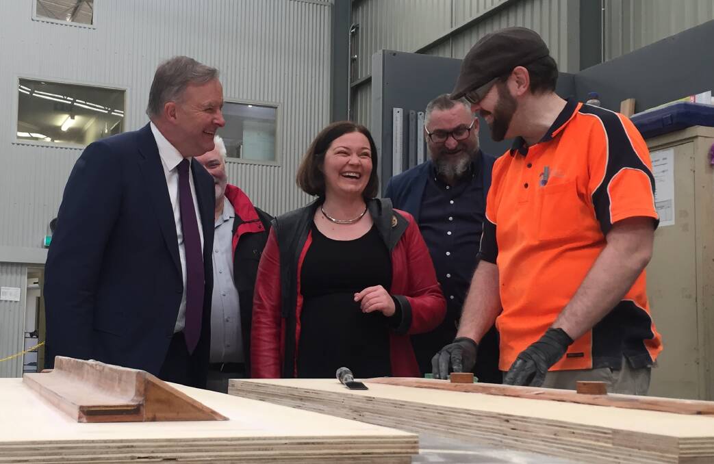 Leader of the opposition Anthony Albanese and Federal member for Bendigo Lisa Chesters with a Keech Australia manufacturing worker. Picture: ELSPETH KERNEBONE