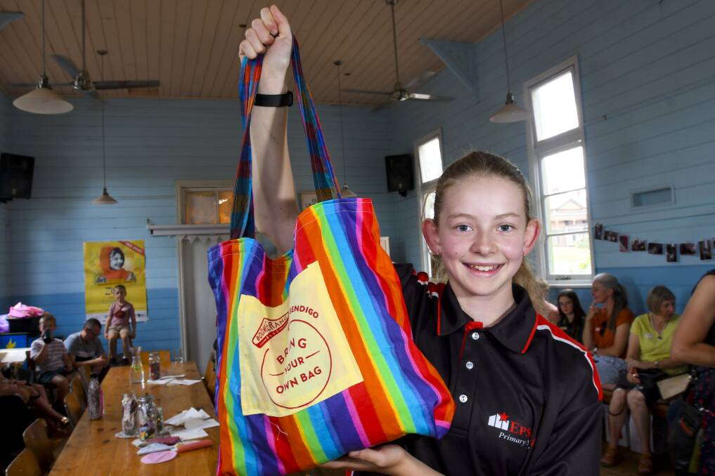 BAGGED UP: Sarah Piotrowski holds up a Boomerang Bag at the final celebration for the organisation, which made thousands of carriers. Picture: NONI HYETT