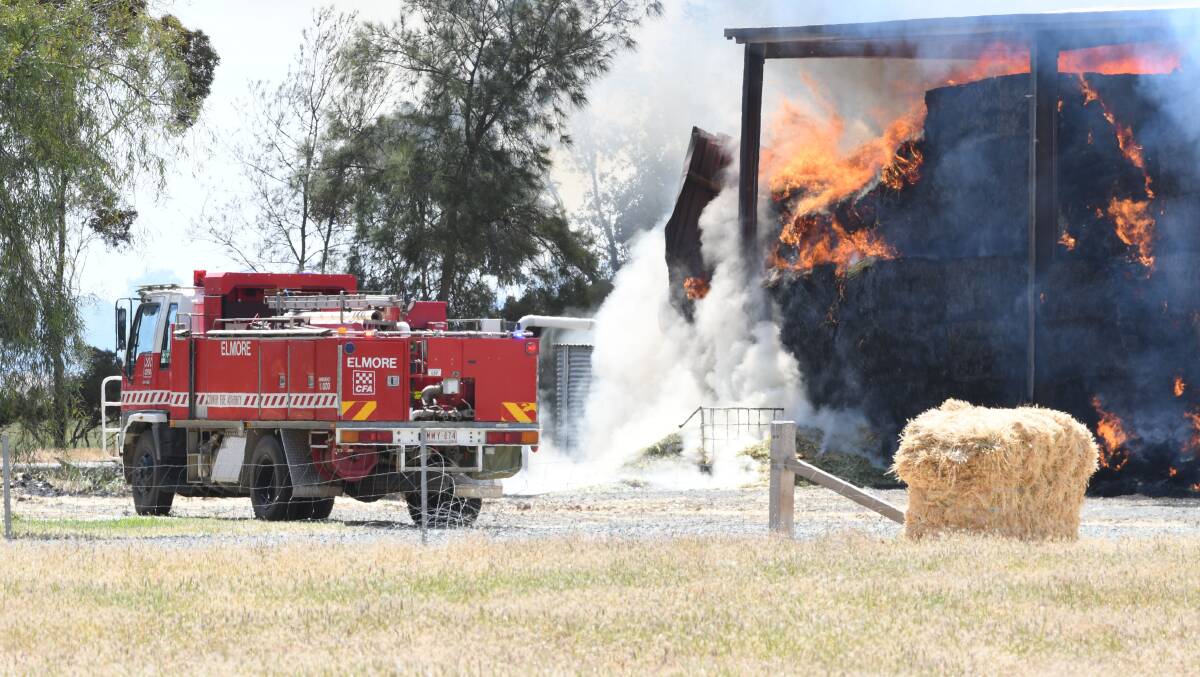 FIERY SCENE: A 2019 fire in Elmore that destroyed thousands of bales of hay. Picture: NONI HYETT