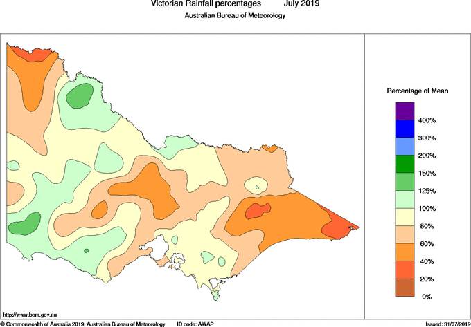 Rainfall as a percentage of the mean in Victoria. Map: Bureau of Meteorology