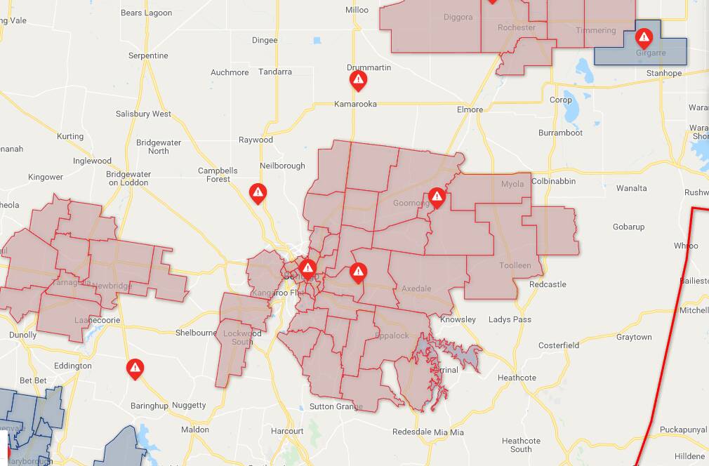 Power outages in central Victoria at 4pm. Map: Powercor