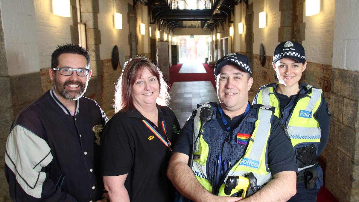 Damien Stevens-Todd, program co ordinator at Thorne Harbour country, Maree Dixon, of Headspace and Sergeant Michael Thompson and Senior Constable Holly Lembke are preparing for the Rainbow Ball. Picture: GLENN DANIELS