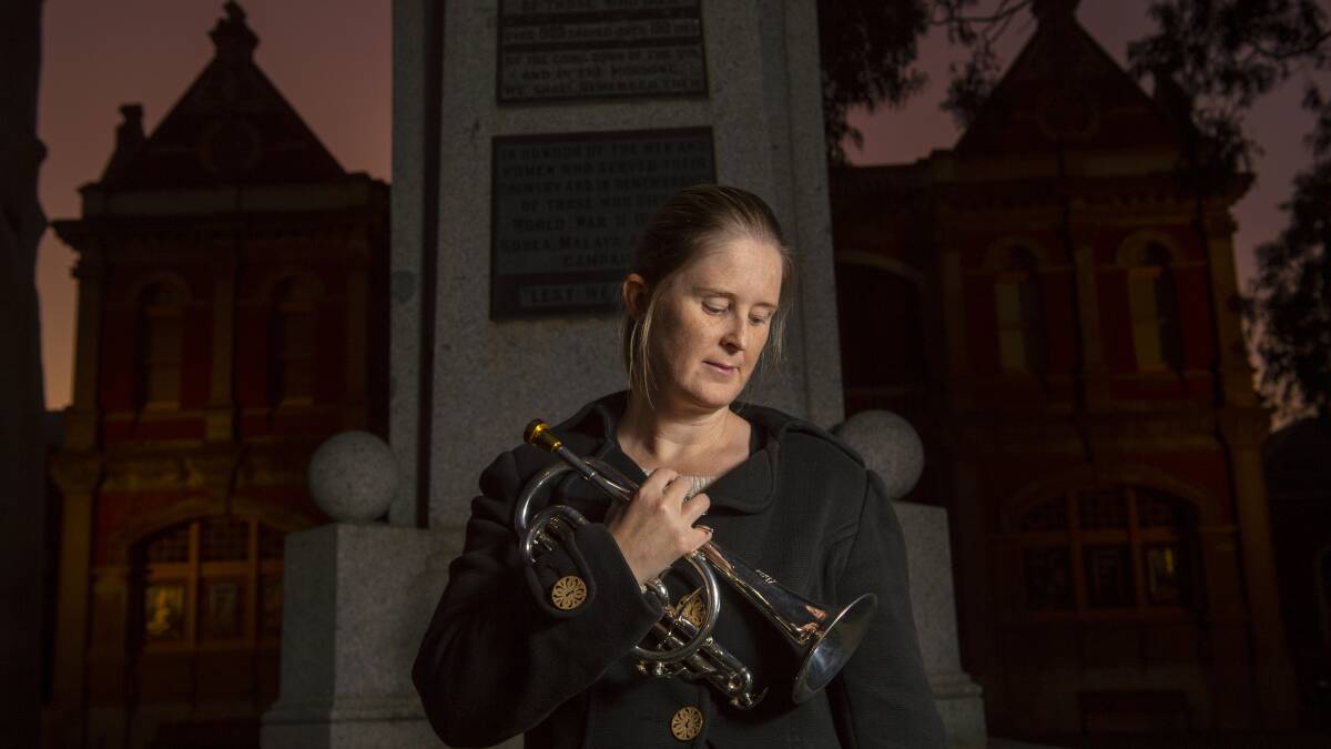 Hayley Weston sounded the Last Post at the Eaglehawk cenotaph on Anzac morning. Picture: DARREN HOWE